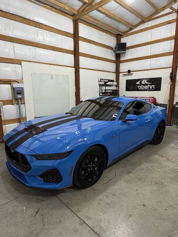 Grabber blue Ford Mustang GT with tinted windows in the V3 Tinting shop